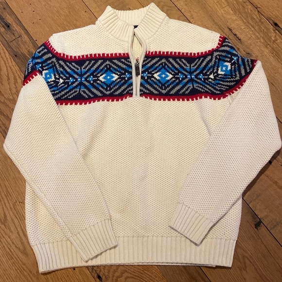Izod Waffle Weave Fair Isle Nordic 1/4 Zip Sweater Pullover Cream Red Navy LARGE - Picture 1 of 11